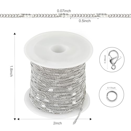 Kyutong 10M Stainless Steel Chain for Jewelry Making Thin Curb Silver Chains for Necklace Bracelet Making Supply Jewelry Findings - color: Flat Curb Silver
