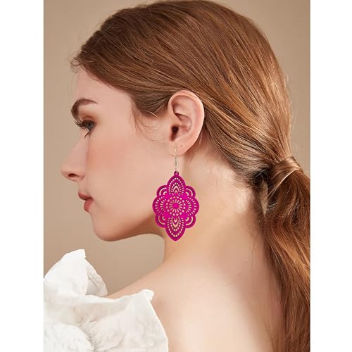Bohemian Wood Earrings Natural Retro Lightweight Hollow Pattern Geometric Wooden Dangle Drop Earrings Statement Vintage Jewelry - color: rose red
