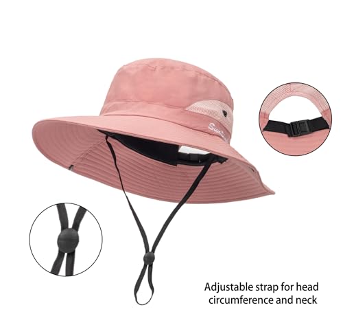 Womens Summer Sun Hat Beach Hat Wide Brim Outdoor UV Protection Hat Packable Mesh Bucket Hat with Ponytail Hole - color: Solid Pink