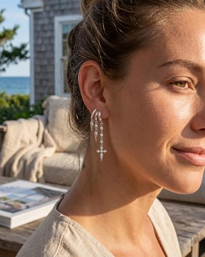 MUMREUES Gold Earrings for Women Trendy 14K Gold Plated Dangle Earrings Small Hoop Huggie Drop Stud Earrings Cubic Zirconia Simple Minimalist Dainty Chain Tassel Hypoallergenic Earrings - color: Cross & Silver