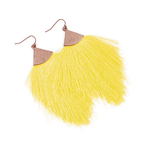 Bohemian Silky Thread Fan Fringe Tassel Statement Earrings - Lightweight Strand Feather Shape Dangles - color: Feather Fringe - Yellow