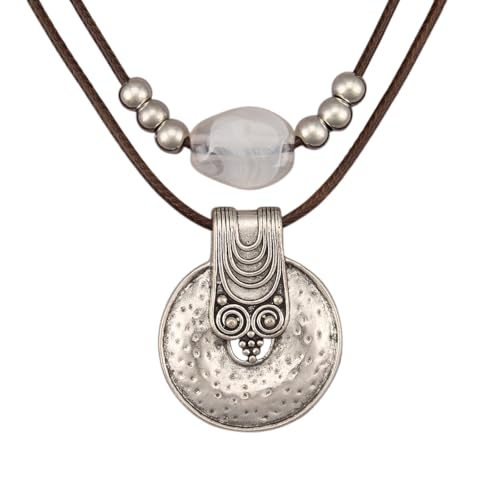 GelConnie Boho Necklaces for Women Cowgirl Necklace Stone Leather Cord Pendant Necklaces With Beads Long vintage Layered Choker Necklace - style: Round Stone Leather Necklace