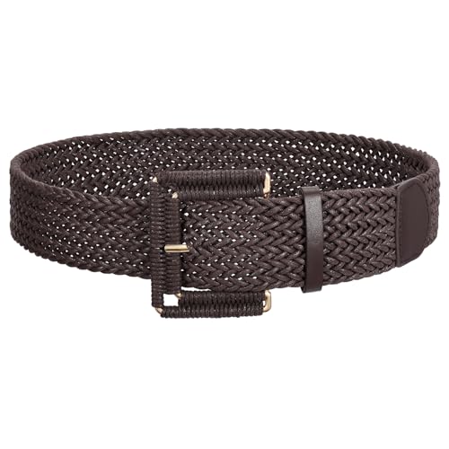 JASGOOD Women Wide Woven Belt for Dresses Rattan Waist Belt Braided Boho Belt with Square Buckle - color: Dark Brown, size: Fit Waist Size 28-32inch