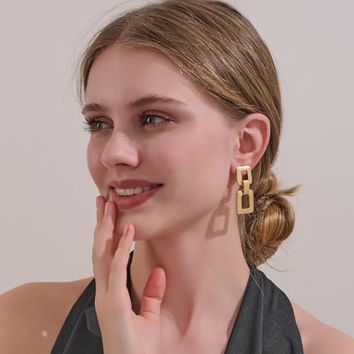 MUYAN Gold Silver Geometric Drop Dangle Earrings for Women Brushed Link Square Dangle Earrings Trendy Jewelry - color: B Gold