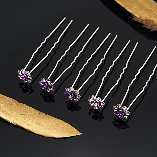 QIUTIMIY 20 Pack (Violet) Crystal Hair Pins Rose Flower Rhinestone Hair Clips for Bridal Wedding Women Hair Jewelry Accessories, with Clear Container - color: Rose Flower-Violet