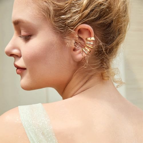 Fake Earrings for Women Non Piercing Ear Cuff Earring Dainty 14K Gold Plated Cuff Earrings Set Cubic Zirconia Ears Jewelry on Cartilage - style: 5C