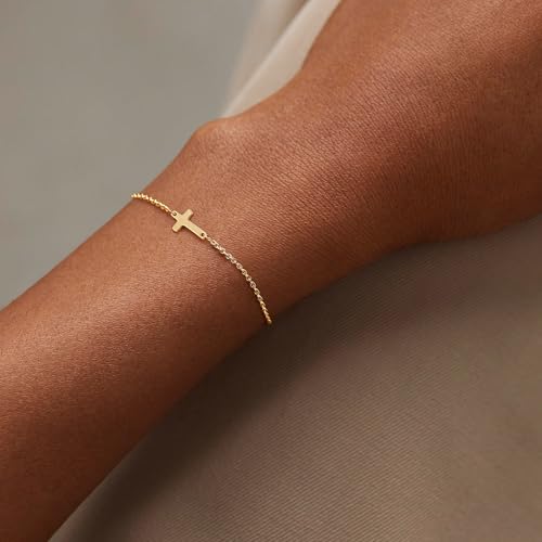 Tewiky Waterproof Gold Bracelets for Women Non Tarnish - Dainty Stack 14K Gold Plated/Sterling Silver Chain Bracelets Set Adjustable Trendy Jewelry for Women - style: gold cross bracelet