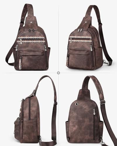 FADEON Large Sling Bag for Women, Leather Crossbody Purse Designer Anti Theft Sling Backpack, RFID Fanny Packs for Travel - color: Coffee Brown Retro Style