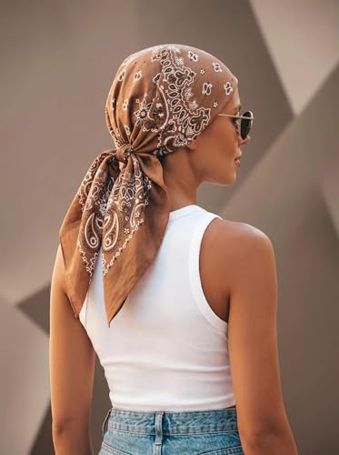 Junvena 27 Inch Extra Large Bandana 100% Cotton,Soft Thin Breathable Headband for Men Women, Solid & Paisley - color: Coffee 3 Pack