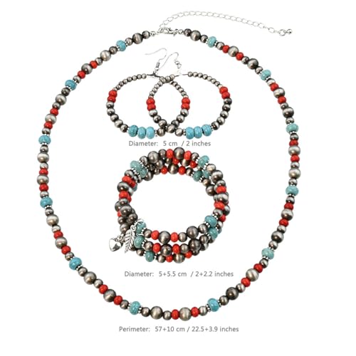4 PCS Western Turquoise Jewelry for Women Boho Vintage Navajo Pearl Necklace Earring Bracelet Ring Set Country Cowgirl Accessories for Gift - color: D-Blue（No Ring）