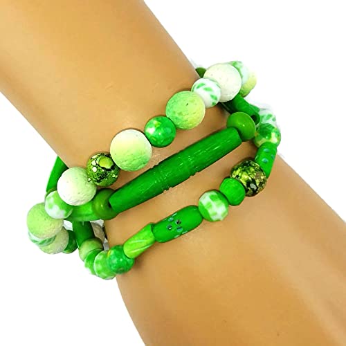 Layered Bone Bead Lime Green Stretch Bracelets - Boho Style - Spring Jewelry - Gift for Women - Stackable - Set of 3