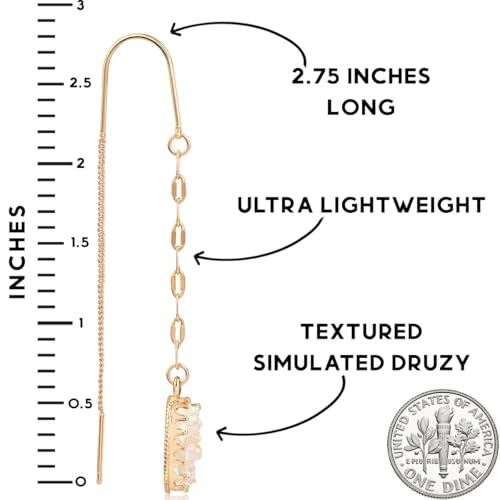Simulated Druzy Threader Earrings for Women - Gold, Silver, or Rose Gold Tone Long Chain Earrings with Boho Created Geode Stone - color: Gold - White Created Opal