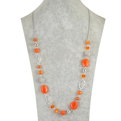 BULINLIN Beaded Long Necklace for Women Silver Sweater Chain Necklace with Crystal Resin Beads, Fashion Jewelry Necklace - color: Orange
