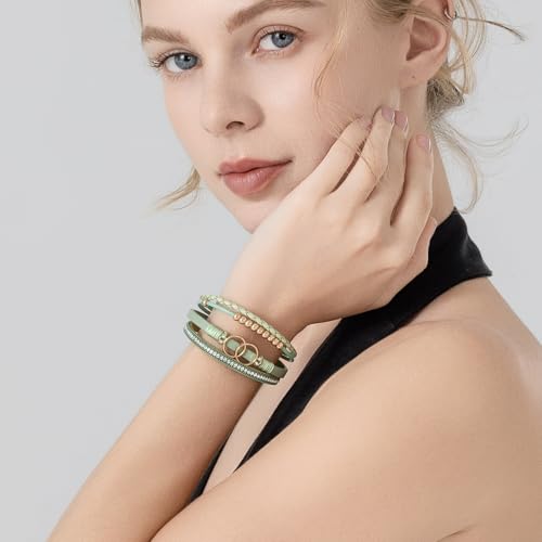 FANCY SHINY Boho Leather Wrap Bracelet Stackable Infinity Chunky Cuff Bracelets Western Hippie Outfits Jewelry Valentine Gifts for Women - color: Avocado