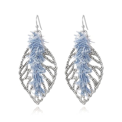 Coiris Bohemian Statement Dangle Earrings for Women Denim Leather Shells Pearl Polygonal Leaf Circle Drop Earrings for Women - style: Denim Leaf