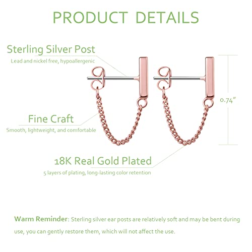 Chain Earrings for Women Small Sterling Silver Post Bar Drop Dangle Earrings Minimalist Stud Earring Hypoallergenic Dangly Jewelry Gift - color: small chain stud/rose gold