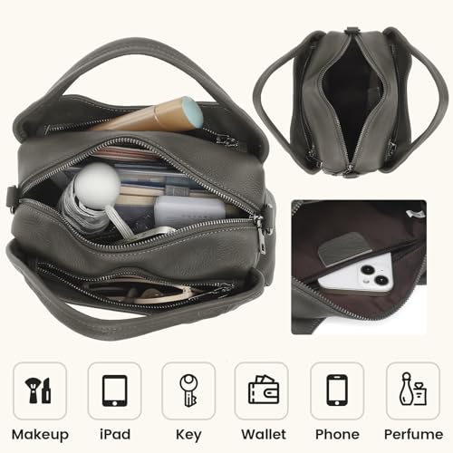 KOGTLA Medium Genuine Leather Purses for Women with Detachable Satchel Strap, Ladies Soft Handbags, Tote Hobo Bags - color: Grey