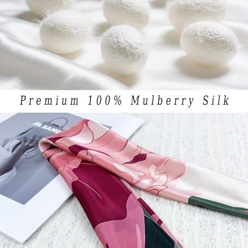 Women's Small 21 inch 100% Silk Scarf Bandana for Head Neck Hair | 100% Mulberry Silk Lightweight Designs Gift-Ready Packaging For Hair Fashion 21"x21" Printed - color: 201pink Red