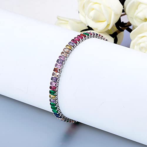 CiNily Adjustable Tennis Bracelets for Women Teen Girls Rainbow Cubic Zirconia Bracelet 14K White Gold Plated Hypoallergenic Slider Bracelet Jewelry Gift - color: Adjustable-Square White Gold