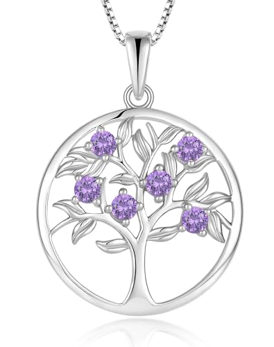 Tree of Life Necklace for Women - Solid 925 Sterling Silver 18K White Gold Plated Birthstone Pendant Jewelry - color: 02-Feb_Amethyst