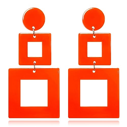 ANXIN STORE Boho Minimalist Multicolor Acrylic Geometric Square Hollow Pendant Neon Nightclub Earrings Vintage 80s 90s Party Accessories Womens - color: F Orange Hollow Earring