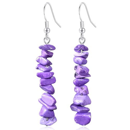Handmade Bohemian Vintage Silver Nature Stone Beads Long Dangle Drop Earrings for Women - color: Light Purple