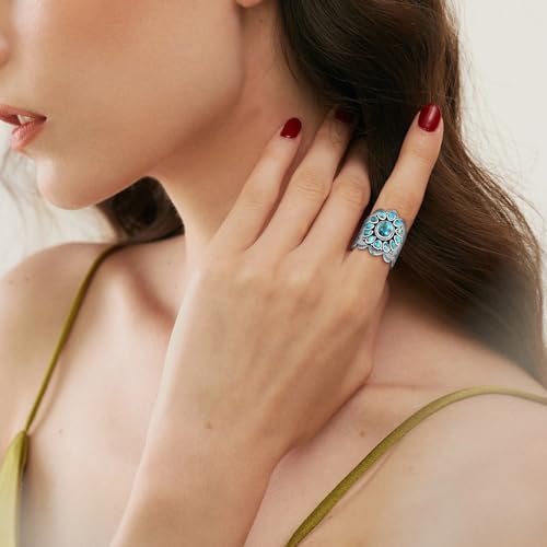 Turquoise Rings for Women, 925 Sterling Silver Vintage Statement Ring with Coral Spiny Oyster, Multi Color Boho Band, Size 6-10