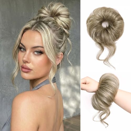 Real Human Hair Messy Bun Hair Piece for Women, 32g Curly Updo Extensions Scrunchie, Natural Looking Fake Bun Hairpiece Faux Pieces for Thick Thin Hairs Ash Brown Mix Ash Blonde - color: Ash Brown Mix Ash Blonde