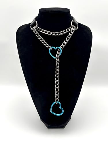 Black Leather Choker Collar For Women, Handmade Heart Slip Chain Choker Long Necklace with Adjustable Buckle - color: B-Black-Black-Blue, size: 18''chain