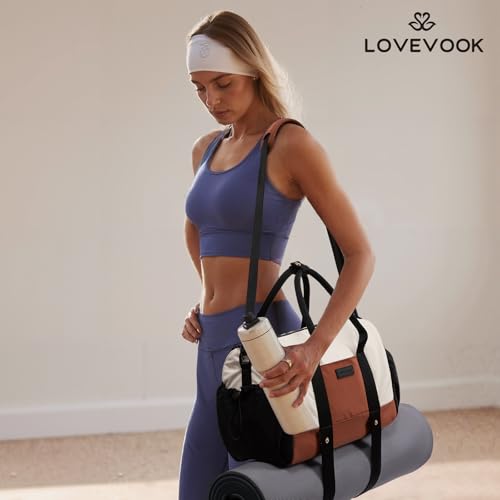 LOVEVOOK Small Gym Bag for Women with Yoga mat Holder, Mini Duffle Bag for Travel with Wet Pocket, Overnight Personal Item Bags (Black-White-Brown, 16.5 inch-Large-2Pcs) - color: Black-White-Brown, size: 16.5 inch-Large-2Pcs