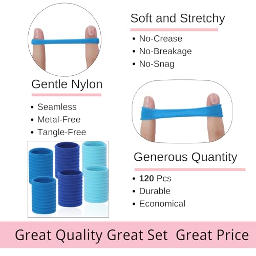 LuSeren 120 Pcs Blue Hair Ties for Women, No Damage Soft Seamless Nylon Hair Elastics for Thick Hair, Ponytail Holders, 3 Gradient Blue Hair Accessories - color: Blue