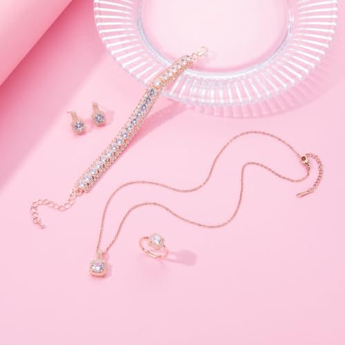 Paxuan 4pcs Cubic Zirconia Wedding Jewelry Sets for Bride Bridesmaid Cubic Zirconia Pendant Necklace Earrings Link Tennis Bracelet Open Ring Set for Women - color: Rose Gold Plated White Cubic Zirconia