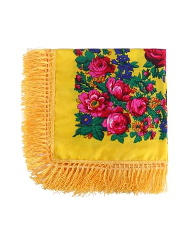 MJ SERECA Acrylic Bandana Printed Hair Scarf Square Ukrainian Head Scarf Floral Babushka Neck Scarf for Women 30"/42"/60" - color: Yellow With Tassel
