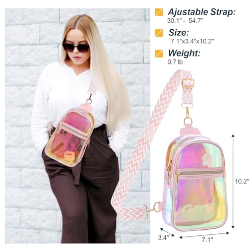 PACKISM Clear Sling Bag Stadium Approved - Clear Bag for Stadium Events & Holographic Bag for Music Festivals Jacquard Strap - color: Pink