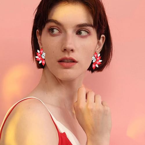 Bohemian Statement Sparkly Colourful Fancy Rhinestone Crystal Flower Dangle Drop Stud Earrings Vintage Wedding Bridal Prom Earrings for Women - color: White Red