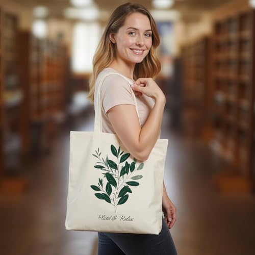 itgowisa Canvas Tote Bag for Women, Tote Bag with Zipper Inner Pocket, Zippered Canvas Bag for Shopping Work Grocery Everyday - style: Scandinavian Style