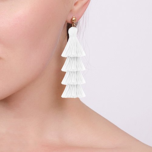 BaubleStar Tassel Earrings Handmade Tiered Thread Tassel Dangle Earrings, Multi Colors - color: White