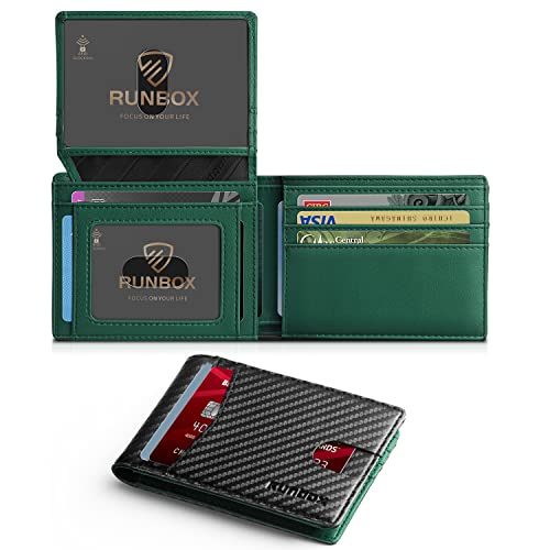 RUNBOX Wallet for Men -Slim Rfid Leather Mens Bifold Novelty Wallets 2 ID Window With Gift Box Men's Accessories | Slim - color: Carbon black&green-new