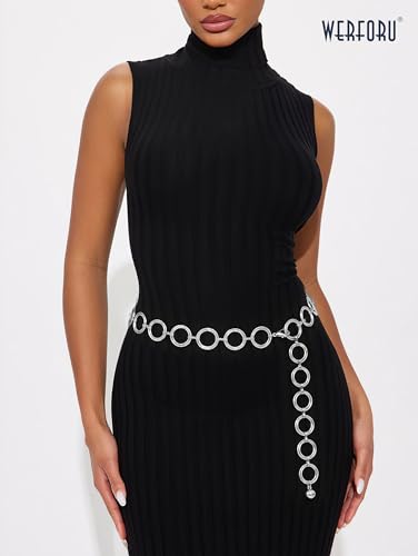 WERFORU Women Multilayer Gold Silver Metal Link Body Chain Belt Ladies Waist Chain Belts for Jeans Dress - color: B-silver, size: Fit waist size below 53"