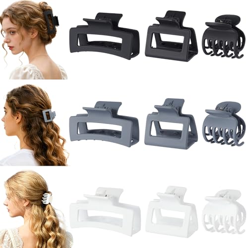 CHANDAT 3 Style Claw Hair Clips Set for Women - 9 pcs Medium Rectangle Clips for Thick Hair, Square Clips for Thin Hair - Grey - color: Neutral