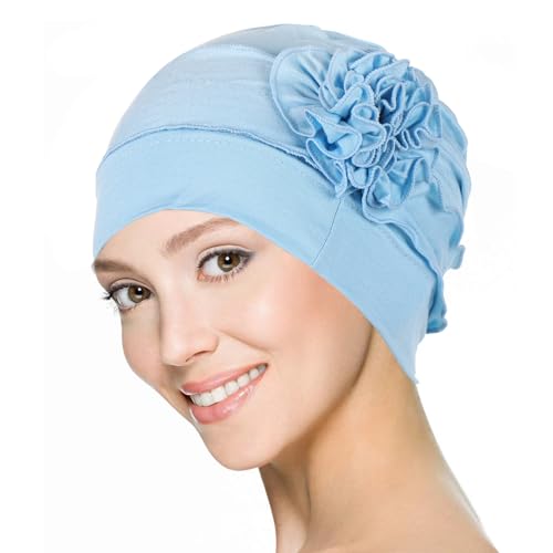 Headwrap Turbans for Women - Twist Soft Floral Solid Caps Pre Tied Chemo Beanies Headwear Hat for Cancer - color: Light Blue