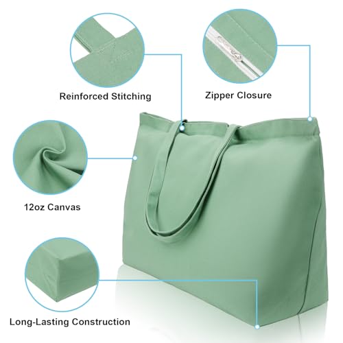 Large Canvas Tote Bag-Extra Big Shopping Beach Totes Bags Reusable Largest Grocery Plain Solid Bag 28"x8"x16" - color: Mint Green With Zipper