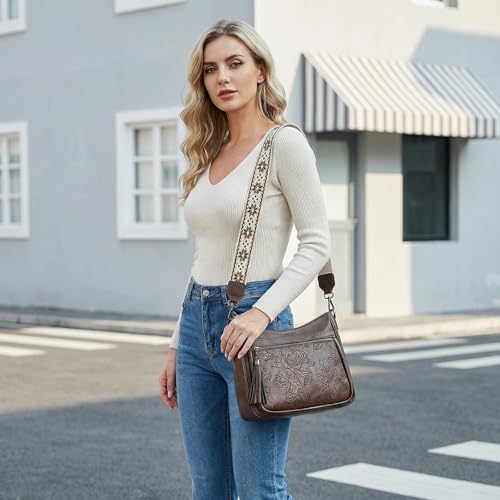 Crossbody Bags for Women, Vegan Leather Medium Crossbody Purse, Spacious Daily Travel Shoulder Bag with Boho Strap - color: Coffee Brown