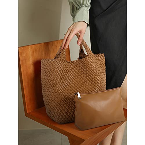 Hand Woven Bag Tote BagS For Women Top Handle Shoulder Vegan Leather Large Travel Beach Hobo Handbag - color: Brown-a