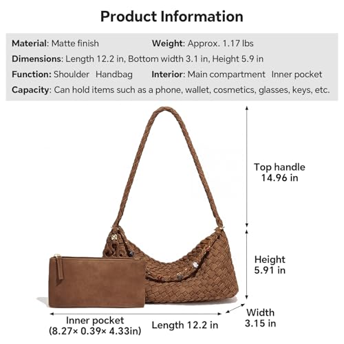 Premium Woven Shoulder crossboby Bag for Women, Slouchy Hobo Handbag with Braided Strap and Matching Zipper Pouch - color: Coffee Brown