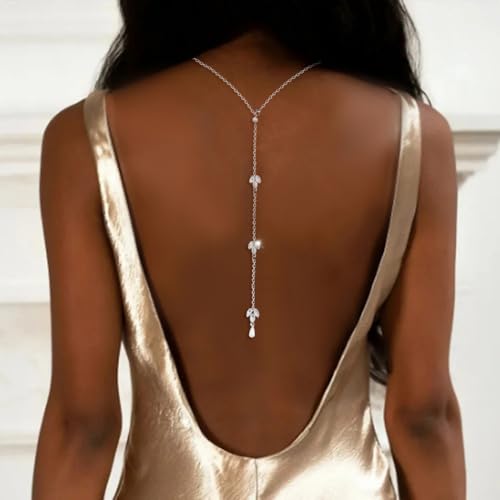 Rhinestone Back Chain Necklace for Backless Dress Back Necklace Crystal Bridal Pearl Drop Back Chain Shoulder Body Jewelry