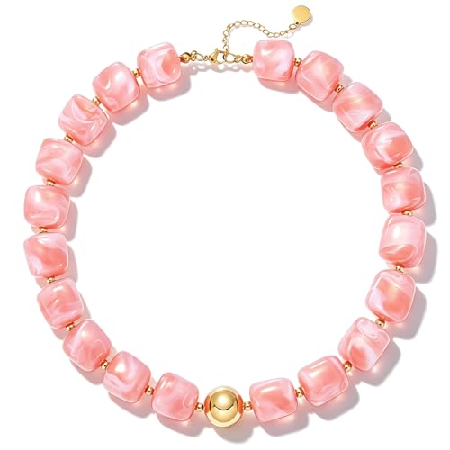 Chunky Colorful Beaded Necklaces for Women Big Bead Boho Choker Necklace Trendy Heart Statement Necklace Summer Beach Jewelry Mothers Day Gifts for Mom Daughter - color: Square Pink Choker