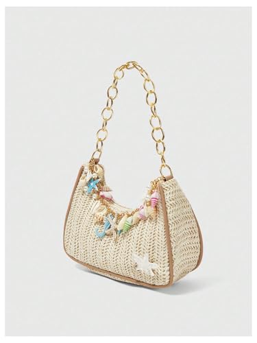 MakeMeChic Women's Straw Beach Purse Seashell Beaded Shoulder Handbags Summer Vacation Bags - color: Multicolor