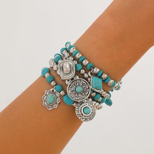 Western Outfit for Women Bohemian Vintage Stackable Turquoise Bracelet Rustic Beaded Cow Head Charm Stretch Bracelet Western Jewelry Country Concert Outfits for Women - style: Style1