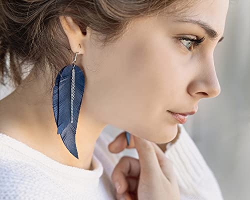 Black shiny Leather Feather Earrings for Women, Lightweight Minimal Boho Dangle Earrings, Small Simple Everyday Jewelry - color: Dark blue